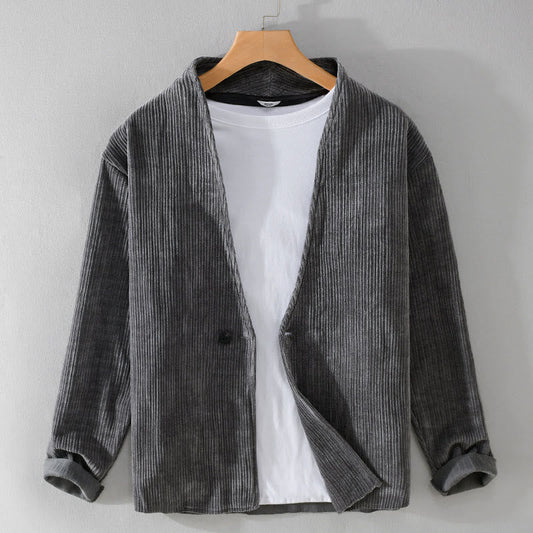 Buddha Stones Commute V-neck Simple Ribbed Texture Design Long Sleeve Men's Jacket