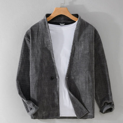 Buddha Stones Commute V-neck Simple Ribbed Texture Design Long Sleeve Men's Jacket