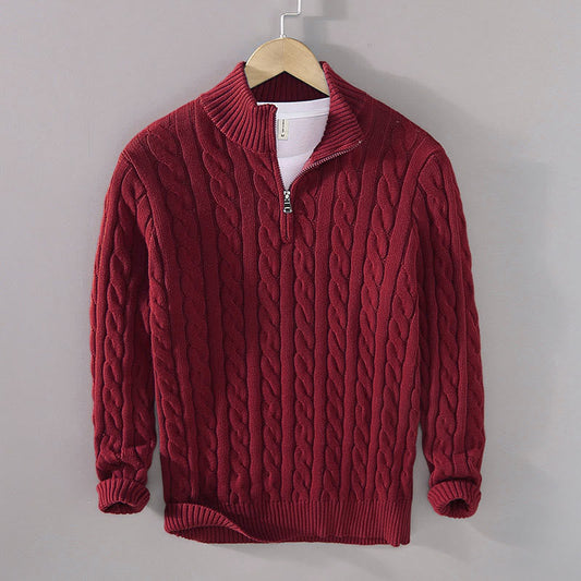 Buddha Stones Winter Textured High Neck Zipper Design Men's Long Sleeve Cotton Sweater