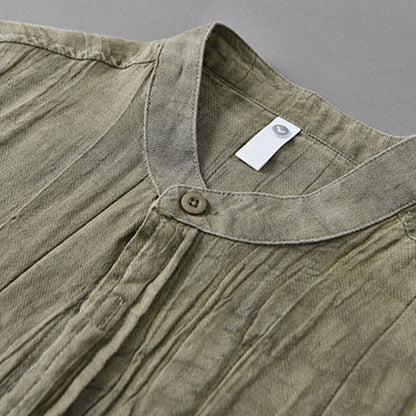 Buddha Stones Solid Long Sleeve Creases Design Buttons Down Ramie Linen Men's Shirts