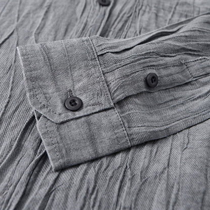 Buddha Stones Solid Long Sleeve Stand Collar Wrinkles Button Down Ramie Linen Men's Shirts