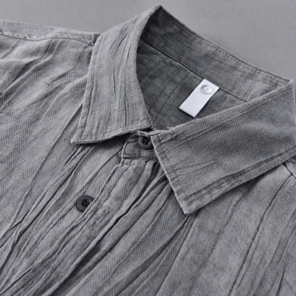 Buddha Stones Solid Long Sleeve Stand Collar Wrinkles Button Down Ramie Linen Men's Shirts