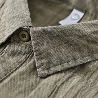 Buddha Stones Solid Long Sleeve Stand Collar Wrinkles Half Button Ramie Linen Men's Shirts
