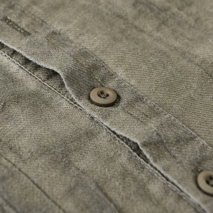 Buddha Stones Solid Long Sleeve Stand Collar Wrinkles Half Button Ramie Linen Men's Shirts