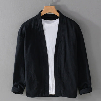 Buddha Stones Simple Long Sleeve Open Front Ramie Cotton Men's Shirts With Pockets