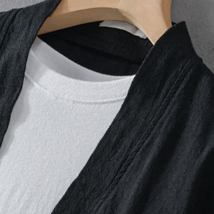 Buddha Stones Simple Long Sleeve Open Front Ramie Cotton Men's Shirts With Pockets
