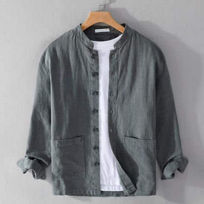 Buddha Stones Solid Long Sleeve Button Down Ramie Cotton Men's Shirts With Pockets