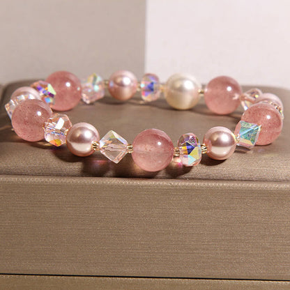 Buddha Stones Natural Strawberry Quartz White Crystal Pearl Positive Bracelet