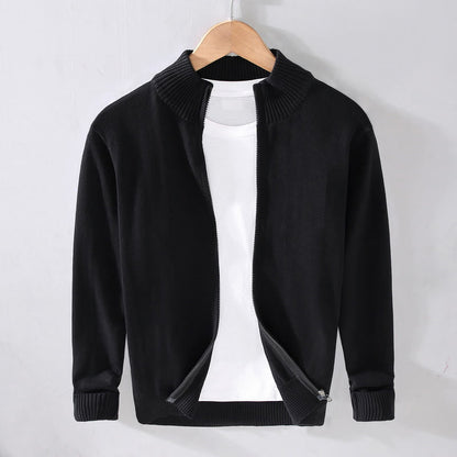 Buddha Stones Plain Zipper Ribbed Bottom Hem Design Men's Long Sleeve Cotton Jacket