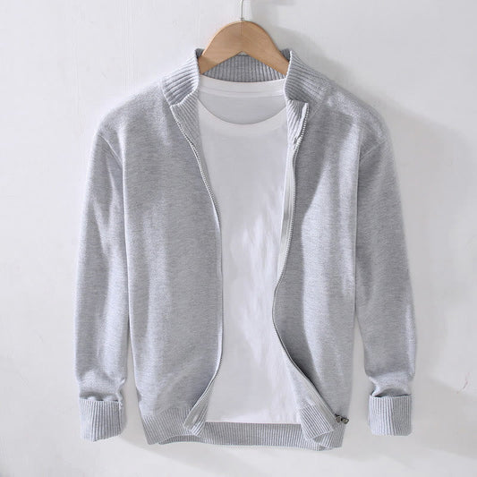Buddha Stones Plain Zipper Ribbed Bottom Hem Design Men's Long Sleeve Cotton Jacket
