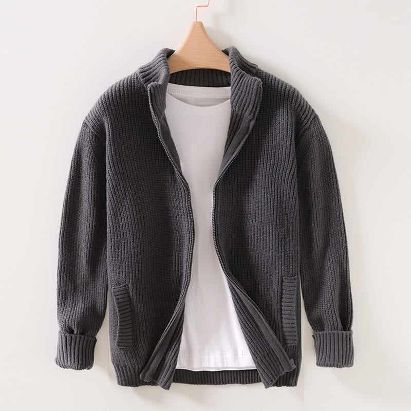 Buddha Stones Winter Solid Color Zipper Knit Cardigan Men's Long Sleeve Cotton Jacket With Pockets