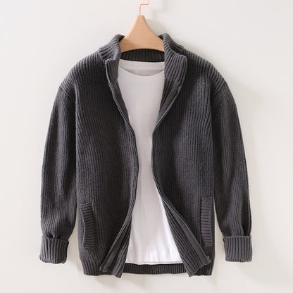 Buddha Stones Winter Solid Color Zipper Knit Cardigan Men's Long Sleeve Cotton Jacket With Pockets