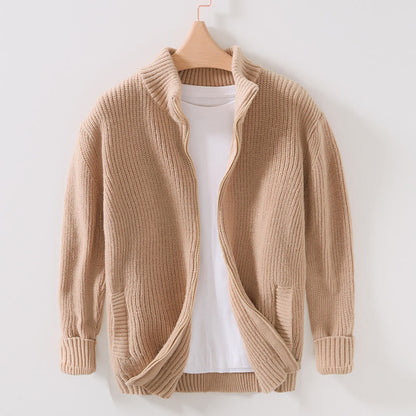 Buddha Stones Winter Solid Color Zipper Knit Cardigan Men's Long Sleeve Cotton Jacket With Pockets