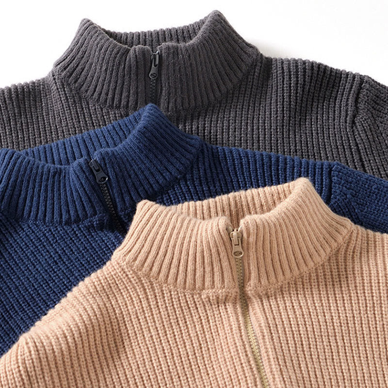 Buddha Stones Winter Solid Color Zipper Knit Cardigan Men's Long Sleeve Cotton Jacket With Pockets