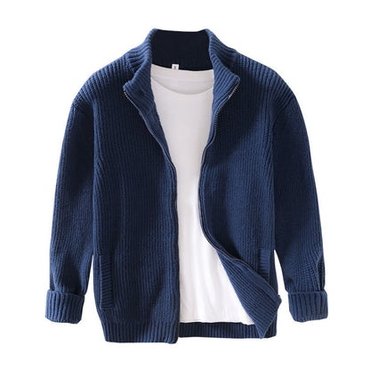 Buddha Stones Winter Solid Color Zipper Knit Cardigan Men's Long Sleeve Cotton Jacket With Pockets
