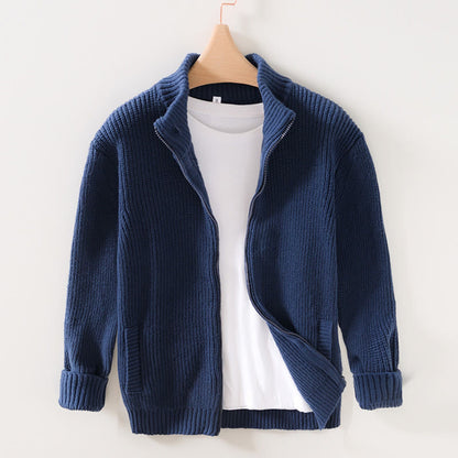 Buddha Stones Winter Solid Color Zipper Knit Cardigan Men's Long Sleeve Cotton Jacket With Pockets