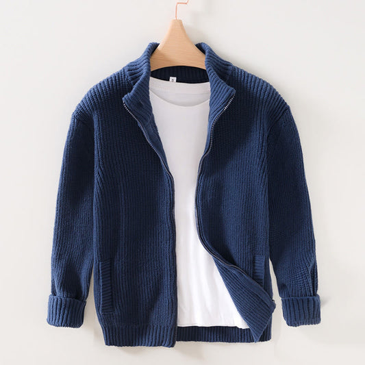 Buddha Stones Winter Solid Color Zipper Knit Cardigan Men's Long Sleeve Cotton Jacket With Pockets