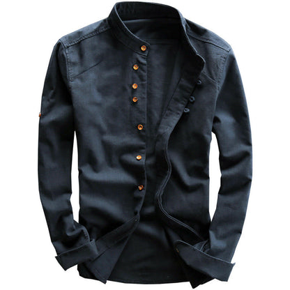 Buddha Stones Men's Slim Fit Design Stand Collar Crew Neck Long Sleeve Cotton Linen Shirt