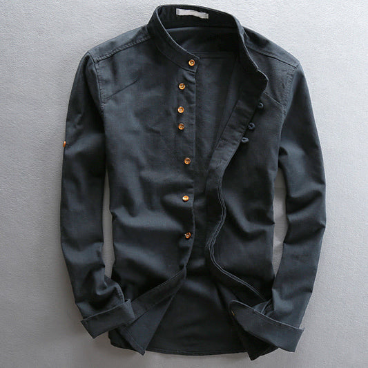 Buddha Stones Men's Slim Fit Design Stand Collar Crew Neck Long Sleeve Cotton Linen Shirt