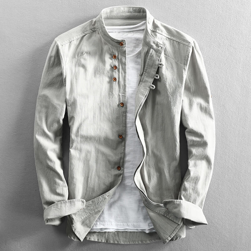 Buddha Stones Men's Slim Fit Design Stand Collar Crew Neck Long Sleeve Cotton Linen Shirt