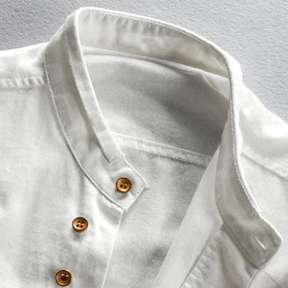 Buddha Stones Men's Slim Fit Design Stand Collar Crew Neck Long Sleeve Cotton Linen Shirt