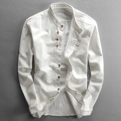 Buddha Stones Men's Slim Fit Design Stand Collar Crew Neck Long Sleeve Cotton Linen Shirt