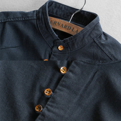 Buddha Stones Men's Slim Fit Design Stand Collar Crew Neck Long Sleeve Cotton Linen Shirt
