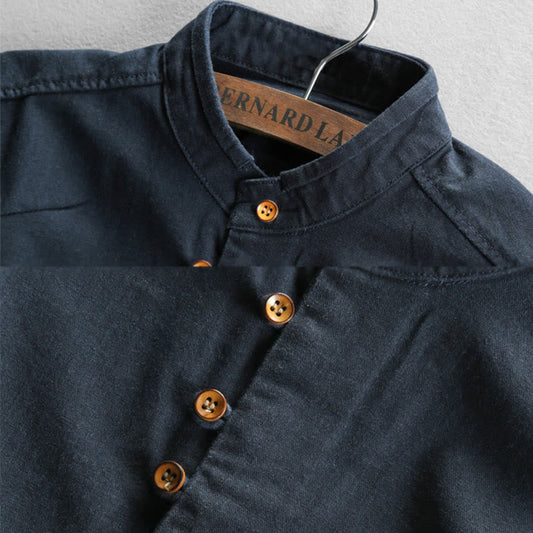 Buddha Stones Men's Slim Fit Design Stand Collar Crew Neck Long Sleeve Cotton Linen Shirt