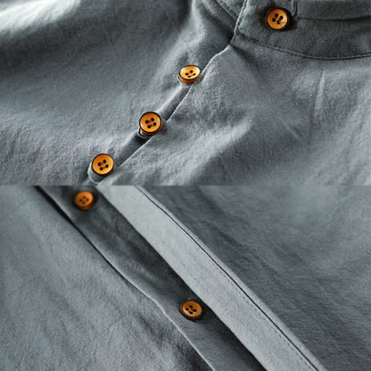 Buddha Stones Men's Slim Fit Design Stand Collar Crew Neck Long Sleeve Cotton Linen Shirt