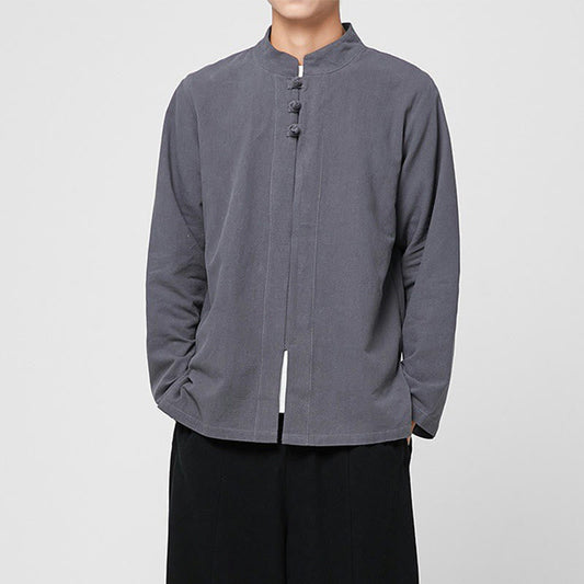 Buddha Stones Chinese Frog-Button Side Slit Men's Long Sleeve Cotton Tang Suit Shirt