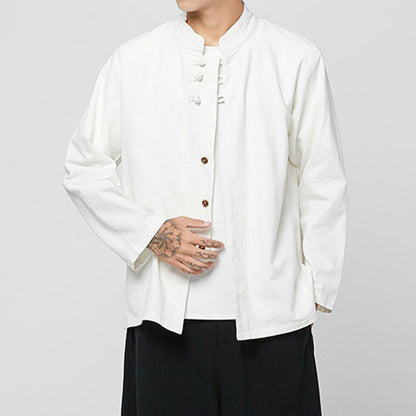 Buddha Stones Chinese Frog-Button Side Slit Men's Long Sleeve Cotton Tang Suit Shirt