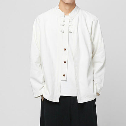 Buddha Stones Chinese Frog-Button Side Slit Men's Long Sleeve Cotton Tang Suit Shirt