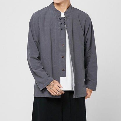 Buddha Stones Chinese Frog-Button Side Slit Men's Long Sleeve Cotton Tang Suit Shirt