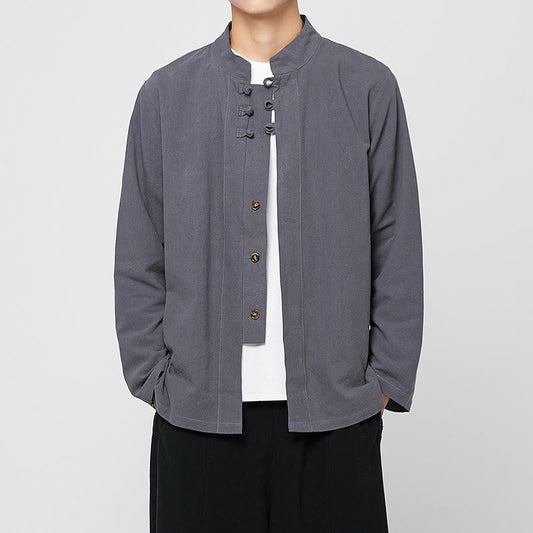 Buddha Stones Chinese Frog-Button Side Slit Men's Long Sleeve Cotton Tang Suit Shirt