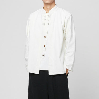 Buddha Stones Chinese Frog-Button Side Slit Men's Long Sleeve Cotton Tang Suit Shirt
