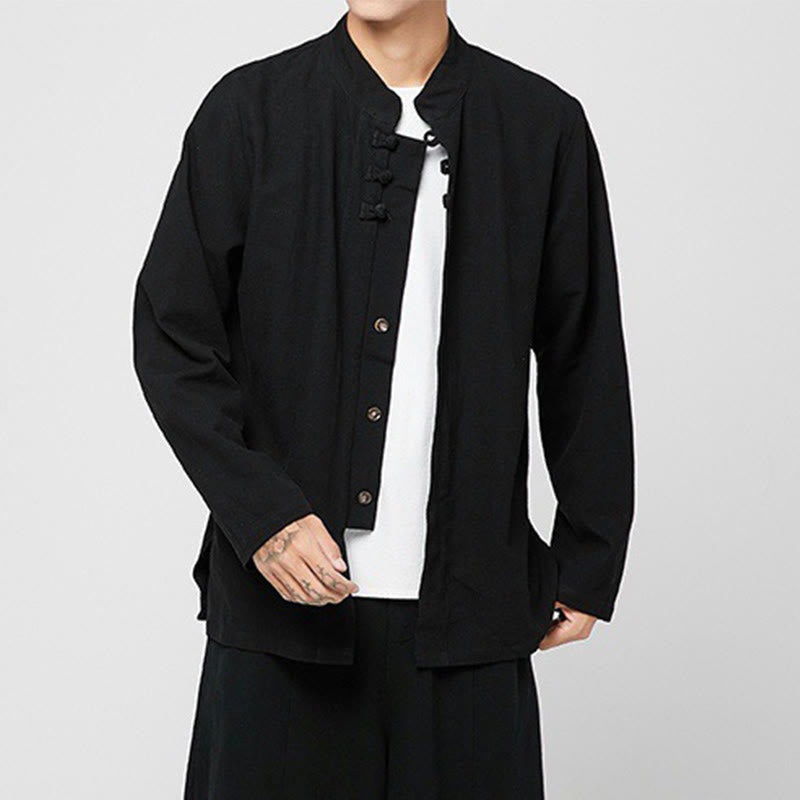 Buddha Stones Chinese Frog-Button Side Slit Men's Long Sleeve Cotton Tang Suit Shirt