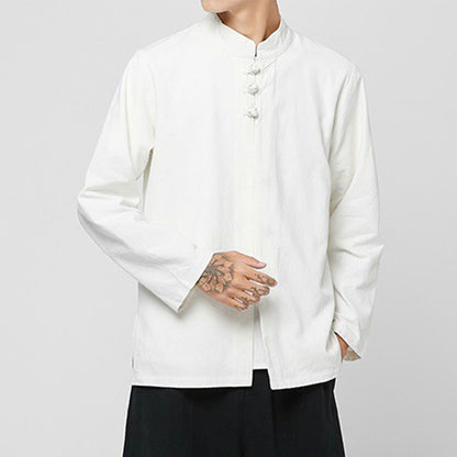 Buddha Stones Chinese Frog-Button Side Slit Men's Long Sleeve Cotton Tang Suit Shirt
