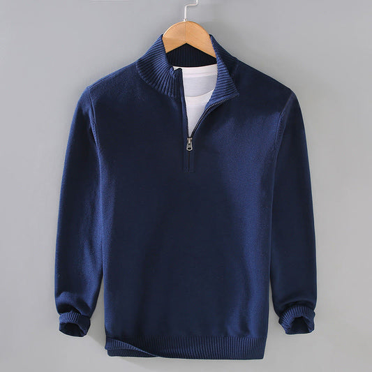 Buddha Stones Ribbed Solid Color Hem Design Men's Mock Neck Long Sleeve Pure Cotton Sweater
