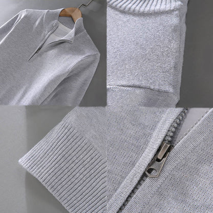Buddha Stones Ribbed Solid Color Hem Design Men's Mock Neck Long Sleeve Pure Cotton Sweater