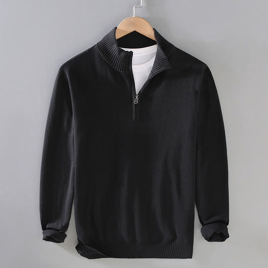 Buddha Stones Ribbed Solid Color Hem Design Men's Mock Neck Long Sleeve Pure Cotton Sweater