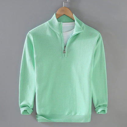 Buddha Stones Ribbed Solid Color Hem Design Men's Mock Neck Long Sleeve Pure Cotton Sweater