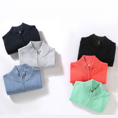 Buddha Stones Ribbed Solid Color Hem Design Men's Mock Neck Long Sleeve Pure Cotton Sweater