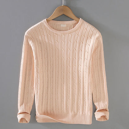 Buddha Stones Cable Knit Design Men's Crew Neck Long Sleeve Pure Cotton Sweater
