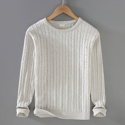 Buddha Stones Cable Knit Design Men's Crew Neck Long Sleeve Pure Cotton Sweater