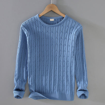 Buddha Stones Cable Knit Design Men's Crew Neck Long Sleeve Pure Cotton Sweater