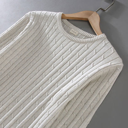 Buddha Stones Cable Knit Design Men's Crew Neck Long Sleeve Pure Cotton Sweater