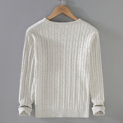 Buddha Stones Cable Knit Design Men's Crew Neck Long Sleeve Pure Cotton Sweater