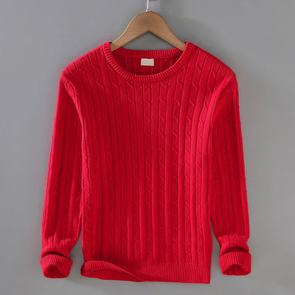 Buddha Stones Cable Knit Design Men's Crew Neck Long Sleeve Pure Cotton Sweater