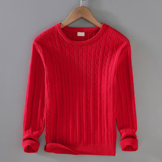 Buddha Stones Cable Knit Design Men's Crew Neck Long Sleeve Pure Cotton Sweater