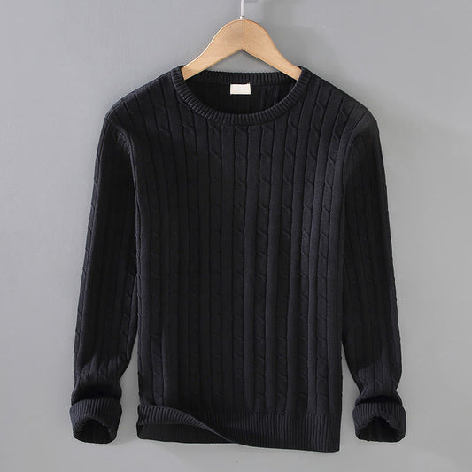Buddha Stones Cable Knit Design Men's Crew Neck Long Sleeve Pure Cotton Sweater